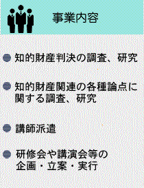 事業内容・知的財産判決の調査、研究・知的財産関連の各種論点に関する調査、研究・講師派遣・研修会や講演会等の企画、立案、実行